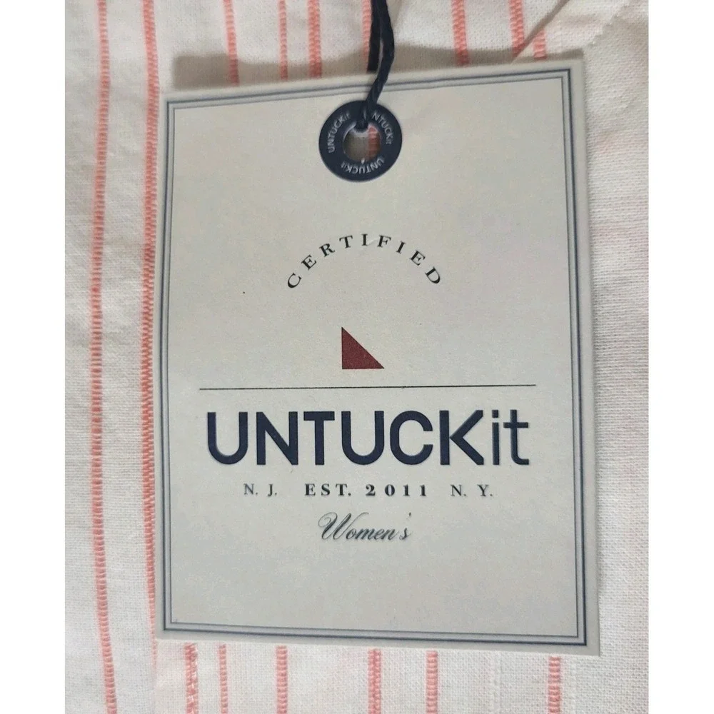 UNTUCKit Durfort Tunic Top Womens 4 White Coral Striped‎ Cotton Split Neck NWT